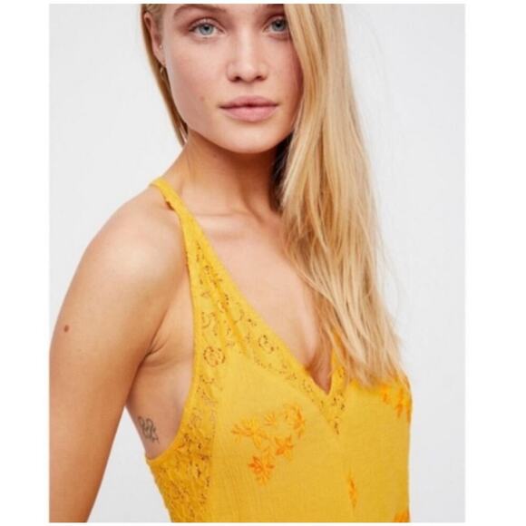 Free People Troubadour Embroidered Cotton Romper Yellow Women’s Small Bohemian - Picture 2 of 10